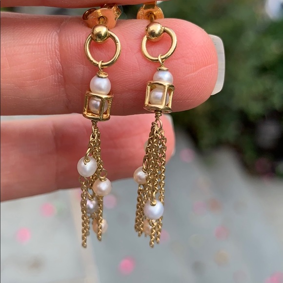 18 k gold pearl tassel earrings